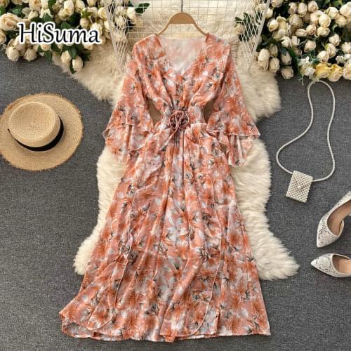 2021 summer new women Retro V-neck flare sleeve ruffles print chiffon A-line dress female Chic elegant Bandage waist dresses