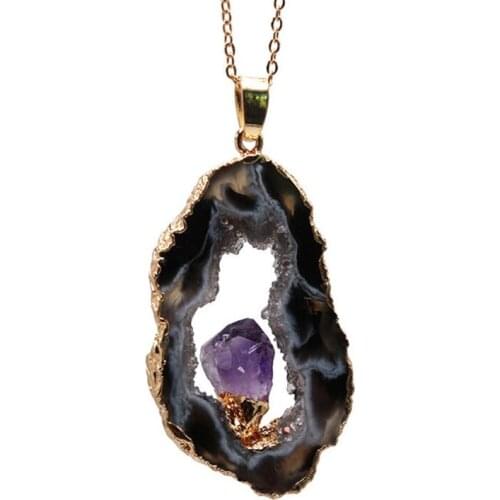 FYJS Unique Light Yellow Gold Color Irregular Shape Agates Geode Pendant Necklace with Amethysts Crystal Jewelry