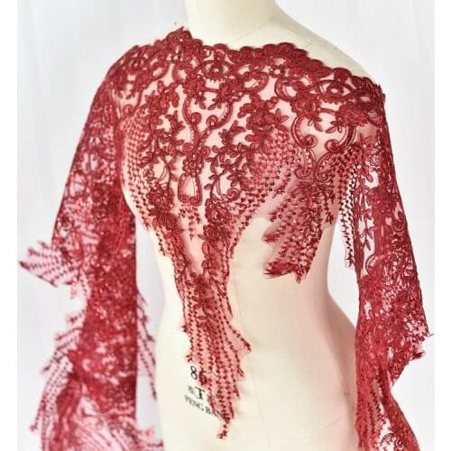 2Yards / Lot Wine Red Embroidered Sequined Lace Fabric Refined Luxury with Lace Wedding Dress Accessories Lace Trim
