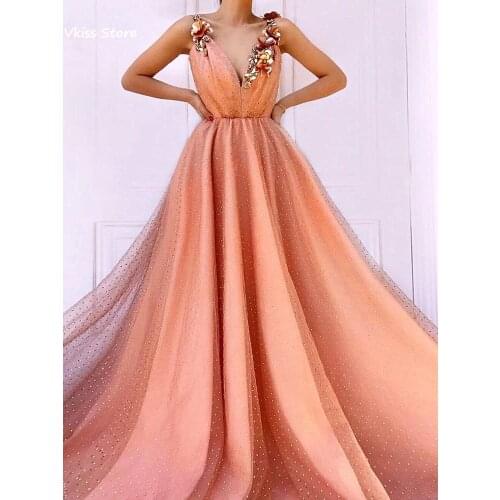 2020 New Evening Dress Orange Tulle Simple Flowers Spaghetti Strap Sleeveless V-neck A-line Prom Dress vestidos de fiesta платье