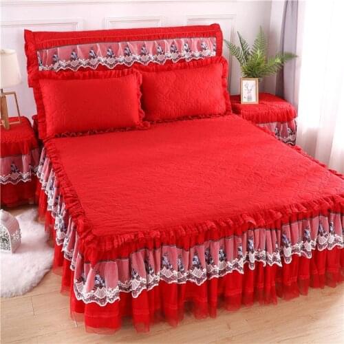 2020 new products Frosted quilting Bed spread Fitted Sheet Pillowcases 2/3 pcs Luxury Solid Princess Embroidered lace bedding