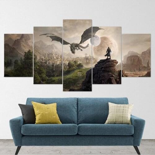 5 Piece Wall Art Canvas Game Landscape Picture Dragon & City Posters And Prints Modern Interior For Home Decorative Paintings