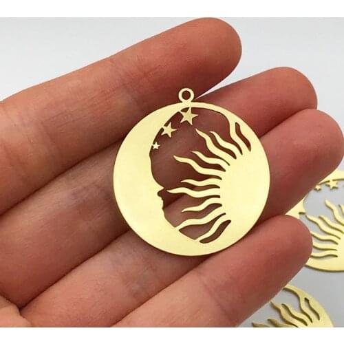 6pcs Raw Brass Sun Moon Stars Charm Pendant, Celestial Sun Crescent Moon Stars Earring Necklace Charm Celestial Jewelry