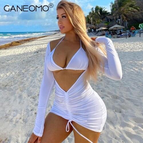 White Long Sleeve Bodycon Dress for Women Sexy Drawstring Ruched Beach Party Club Wrap Mini Dresses 2021 Autumn Vacation Outfits