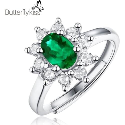 BK 925 Silver Rings For Women 1ct Emerald Gemstone Open Adjustable Oval Lab Grown Emerald Like Natural Jewelry Engagement Gift