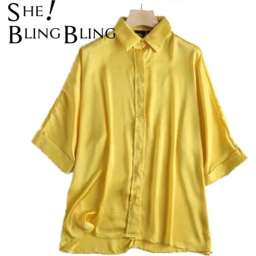 SheBlingBling Colored Summer Roll Sleeves Single Breasted Women Loose Satin Shirt Thin style Female Casual Green Shirts Blue