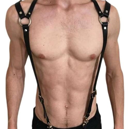 Men Faux Leather Body Chest Harness Adjusted Sling Buckle O-Rings Suspender Belt