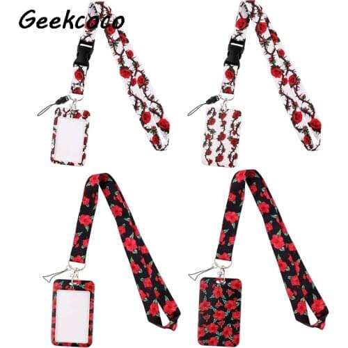 J2453 Cartoon Flower Card Holder ID Holder Bus Card Holder Staff Card With Rose Lanyard