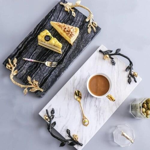 Nordic Natural Marble Tray Kitchen Tableware Household Rectangular Handle Dessert Plate Cosmetic Storage Decorative Ornaments