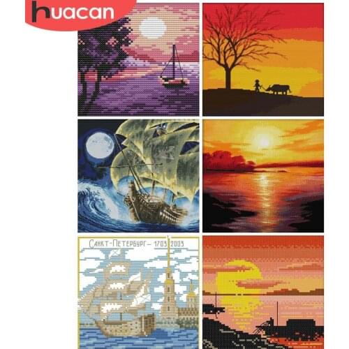 HUACAN Landscape White Canvas Kits Embroidery Boat Cross Stitch 11CT 14CT DIY Gift Needlework Home Decoration