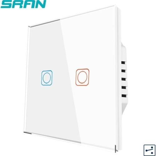SRAN EU Wall Sensor Switch, 110-250V 350W Crystal Glass Panel With Led 2Gang 2Way Touch Switch For Stairs And Interrupted 82*82
