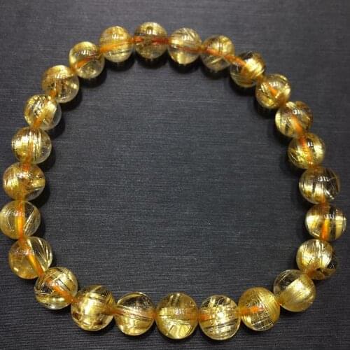7.5mm Natural Brazil Gold Rutilated Titanium Quartz Bracelet Woman Man Wealthy Stone Clear Round Beads Crystal Charms AAAAAA