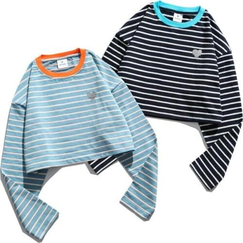 Spring and Autumn New Style College Style Round Neck Long Sleeve Bottomed Shirt Mens Casual Short Stripe T-shirt Women' T-shirt