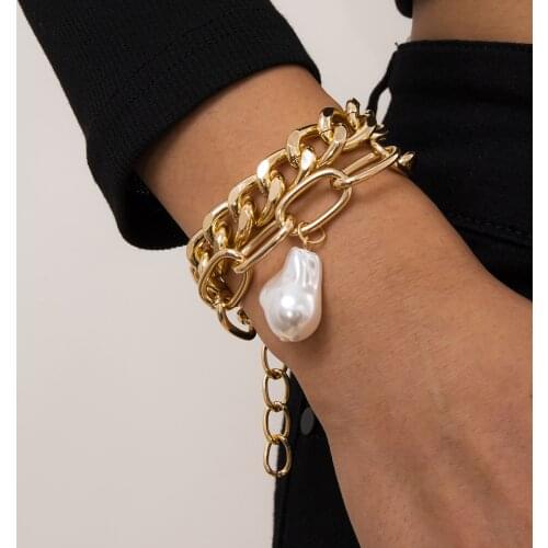 European and American retro simple jewelry with irregular baroque pearl pendant metal suit bracelet for women party gifts