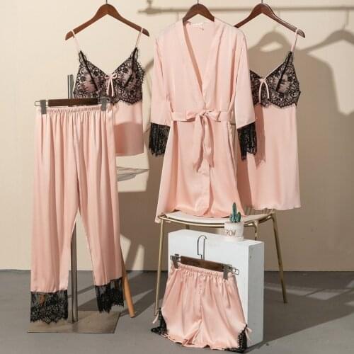 5PCS Pajamas Set Satin Lace Women Nightwear Sleep Suit Sexy Strap Top&Pants Sleepwear With Chest Pads Bride Pyjamas Homewear
