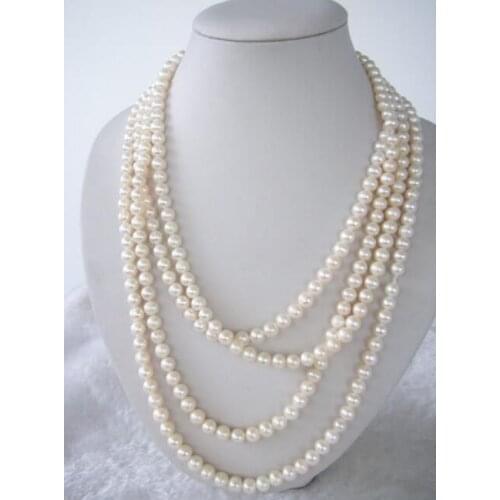 Genuine 7-8mm Natural White Cultured Pearl Hand Knotted Necklace 70" Yellow Clasp