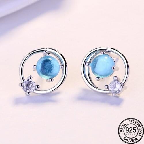 S925 Silver Needle Stud Earrings For Women Blue Diamond Circle Korean Fashion Sweet New Trend Girl Friend Gifts Jewelry INEFFA