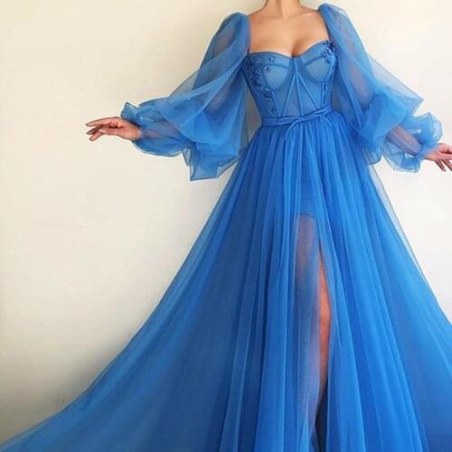 Blue Muslim Evening Dresses A-line Sweetheart Long Sleeves Tulle Appliques Slit Dubai Saudi Arabic Long Formal Evening Gown