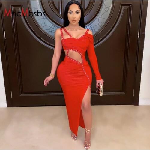 Sexy Lady Sling Slash-neck One-Shoulder Vestidos Hollow Out Metal Buckle Side Split Party Club Bandage Bodycon Dress 2021 Summer