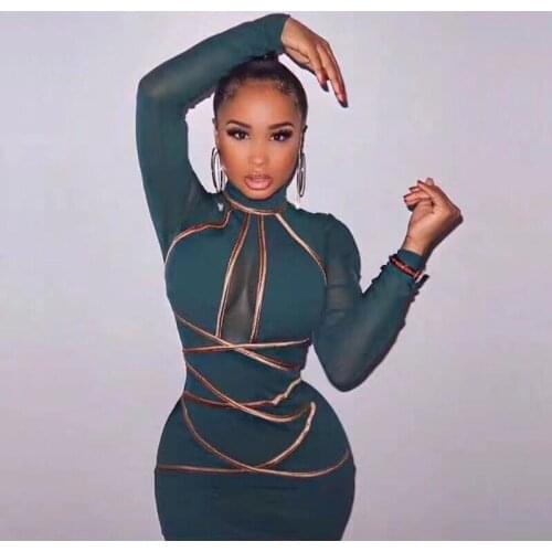 3 Colors Top Quality Green Red Long Mesh Sleeve Hollow Out Rayon Bandage Dress Evening Party Fashion Dress