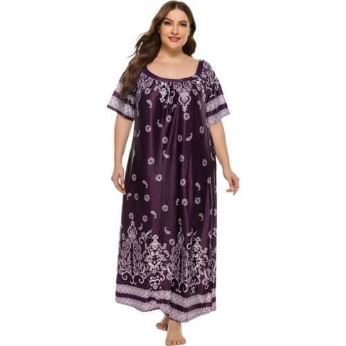DOIB Print Homewear Women Purple Large Size Sleepwear Dress Loose Plus Size Nighgowns Summer Dress 4XL
