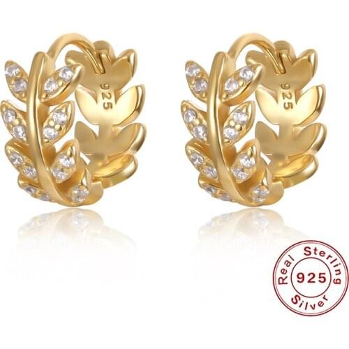 925 Sterling Silver INS wind olive leaf Zircon Earrings for Women Gold Silver Leave Small hoop Earrings Fashion Jewelry