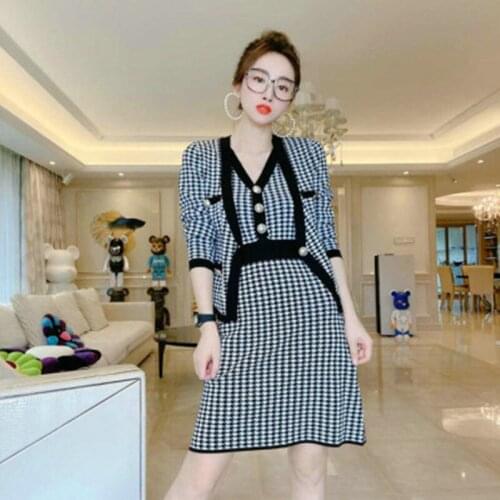 New Autumn And Winter Knitted Houndstooth Two Piece Set Women Single Button Long Sleeve Sweater Coat+Vest Dress Ladies Suits