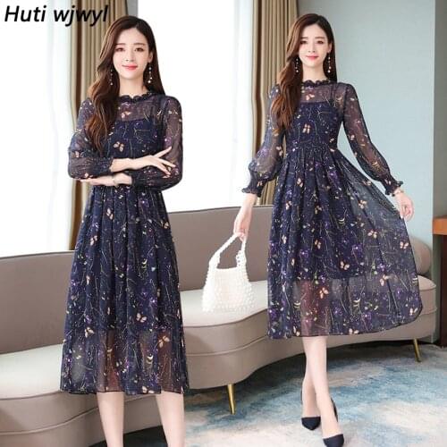 2021 Femal Vintage Floral Chiffon Midi Dresses Autumn Winter Print Sexy Long Sleeve Dress Elegant Women Bodycon Party Vestidos