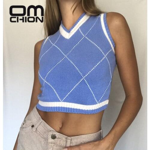 OMCHION Pull 2021 New College Style Blue Wool Knitted Vest Women Sexy Vintage Plaid Knitted Short Sleeveless Sweater Vest LN15