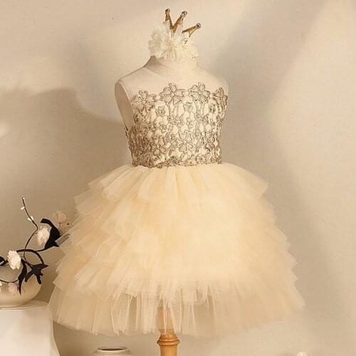 3174 Golden Embroidery Toddler Tutu Princess Baby Girl Dress Summer Party Wedding Kid Dress For Girl Wholesale Chlidren Clothes
