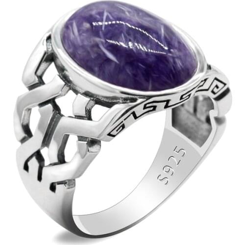 925 Sterling Silver Man Vintage Ring with Natural Charoite Big Purple Stone Rings Thai Silver for Men Women Turkish Jewelry Gift