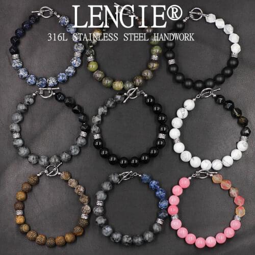 Stainless Steel OT Clasp Bracelet Black and White Natrual Stone Beads Bracelets Men Women Fashion Pulseras Hombres Jewelry Gifts