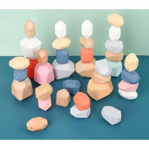 Children Wooden Colored Stone Jenga Building Block Educational Toy Creative Nordic Style Stacking Block Game Rainbow Wooden Toy