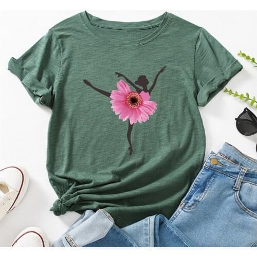 Kawaii Dancing Flower Girl Print T-Shirt Women Shirts 100%Cotton Tshirt O Neck Short Sleeve tees Summer Women T Shirt Female