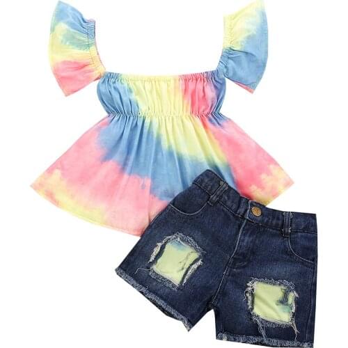 3-7Years Girl’s Short-sleeved and Shorts Set Fashion Tie-dye T-shirt and Patchwork Denim Short Pants