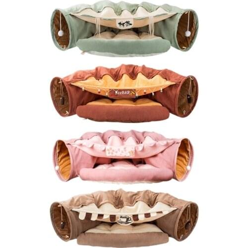 Cat Tunnel Bed with Mat Collapsible 2 Way Tube with Scratching Ball Interactive Play Toys Cat Hideout House for Cat Puppy Kitten