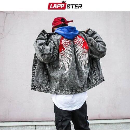 LAPPSTER Men Embroidery Streetwear Denim Jacket Washed 2021 Mens Wing Hip Hop Denim Jacket Male Blue Korean Harajuku Windbreaker