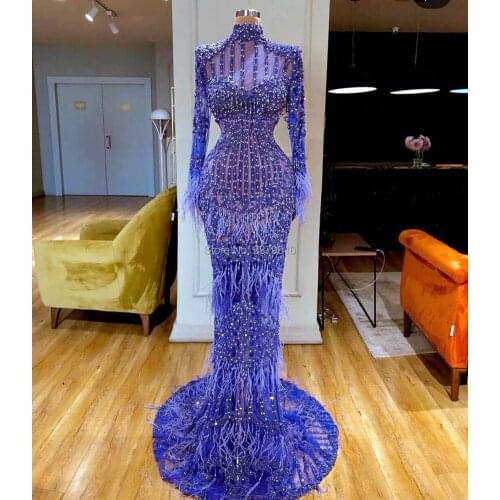 High Neck Lavender Evening Dress Mermaid Floor-Length Long Sleeves Feather Robe De Soiree Aibye Prom Dress вечернее платье Dubai