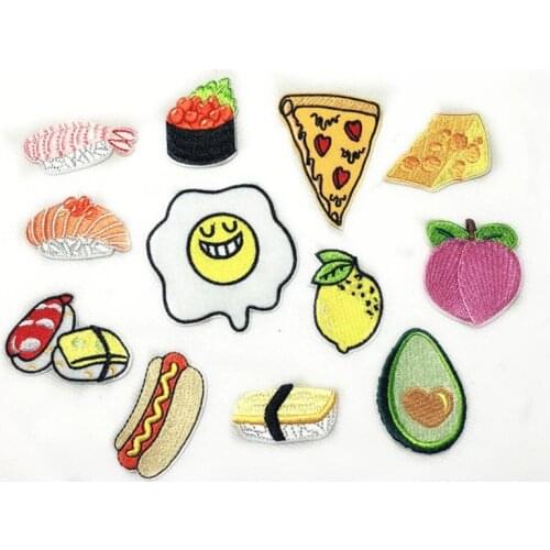 10PCS Fashion Food Pizza Sushi Peach Lemon Egg Patches Embroidery Iron On Patches For Kids Bags Dress Clothes DIY Applique
