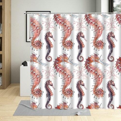 Marine Style Hand Drawn Water Color Seahorse Animal Shower Curtain Polyester Fabric Bathroom Curtains Girl Boys Bathtub Decor