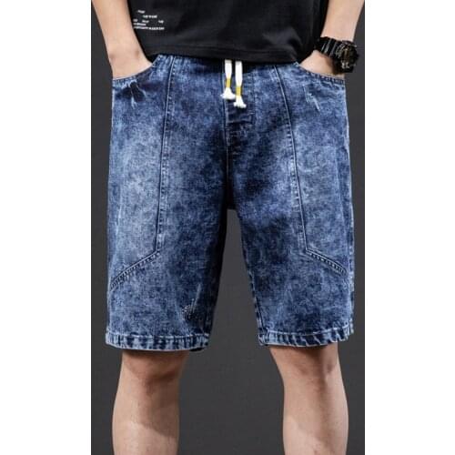 2021 Summer New Denim Shorts Mens Knee Length Straight Elastic Waist Loose Korean Style Male Fashion Casual Shorts Plus Size