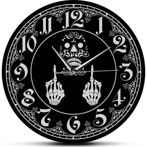 Skeleton Middle Finger Scary Wall Clock Funny Vulgar Offensive Rude Middle Finger Skull Hanging Wall Watch Halloween Wall Decor