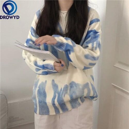 2021 Autumn and Winter Lazy Retro O-neck Spray Dye Printing Long-sleeved Loose Thick Knitted Sweater Single-breasted Jacket Coat