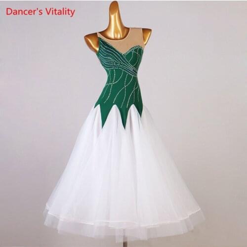 Modern Dance Dress Mesh Diamond-Studded Long Skirt Performance Clothing Profession Custom Adult Child Waltz Competition Clothes