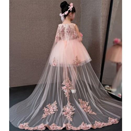 Flower Girl Dresses Glizt Pink Lace Appliques Girls Wedding Gown Trailing Princess Dresses Kids Costume Children Summer Clothes