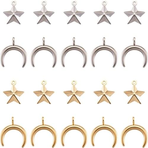 40pcs/Box 304 Stainless Steel Crescent Moon Five-pointed Star Pendant Charms Fit DIY Earrings Necklaces Jewelry Handmade Making