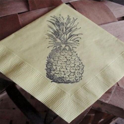 Custom Cocktail Napkins Rustic Beach Wedding Pineapple Tropical Welcome Hawaiian Destination Light Yellow 3 Ply Paper Beverage