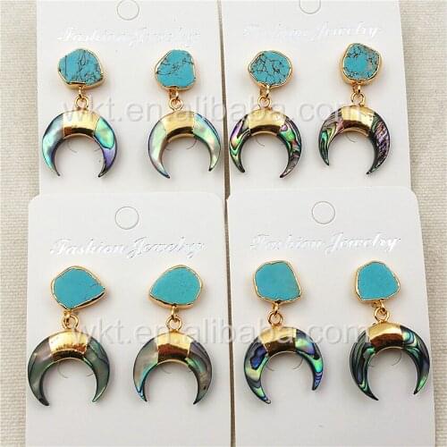 WT-E301 Newest Design Natural Abalone shell crescent horn Earring, 24k gold color stone charm crescent horn earrings