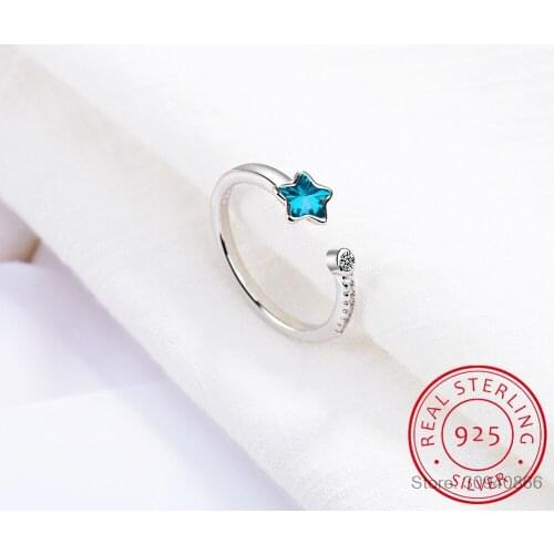 Blue Crystal Star Opening Ring For Women Girl Gift 925 Sterling Silver Micro Zirconia Ring anillos anel S-R368