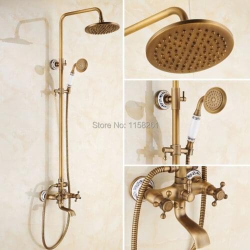 Shower Faucets Antique Brass Finish Bathroom Rainfall With Spray Shower Durable Brass Construction Faucet Set Free shipping 9135